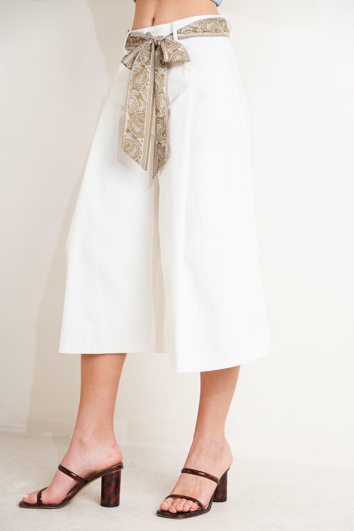Marbella Moment Woven Culotte Pants in white taupe, view 2 — Soul Flow Apparel