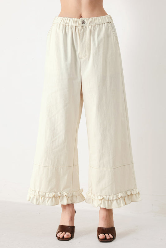 Sunday Soft Flow Woven Culotte Pants in oatmeal, view 1 — Soul Flow Apparel