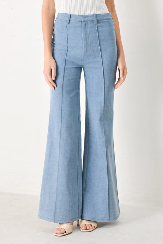 Luna Flare Woven Pants in light denim, view 1 — Soul Flow Apparel
