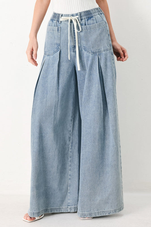 Cloud Wash Palazzo Denim Pants in light denim, view 1 — Soul Flow Apparel