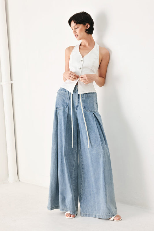 Cloud Wash Palazzo Denim Pants in light denim, view 2 — Soul Flow Apparel