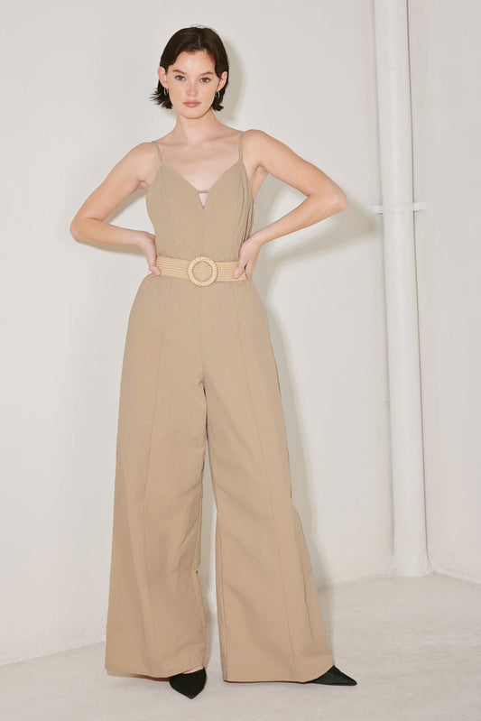 Neutral Goddess Woven Jumpsuit in sand, view 3 — Soul Flow Apparel