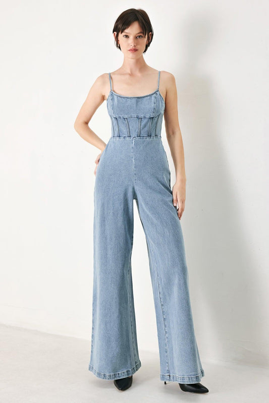 Skyline Sweetheart Denim Jumpsuit in light denim, view 1 — Soul Flow Apparel