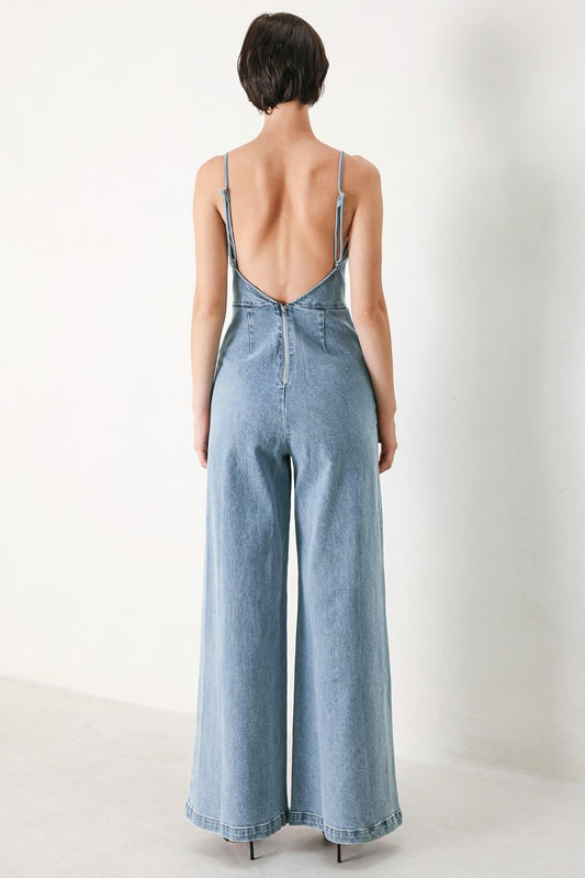 Skyline Sweetheart Denim Jumpsuit in light denim, view 6 — Soul Flow Apparel