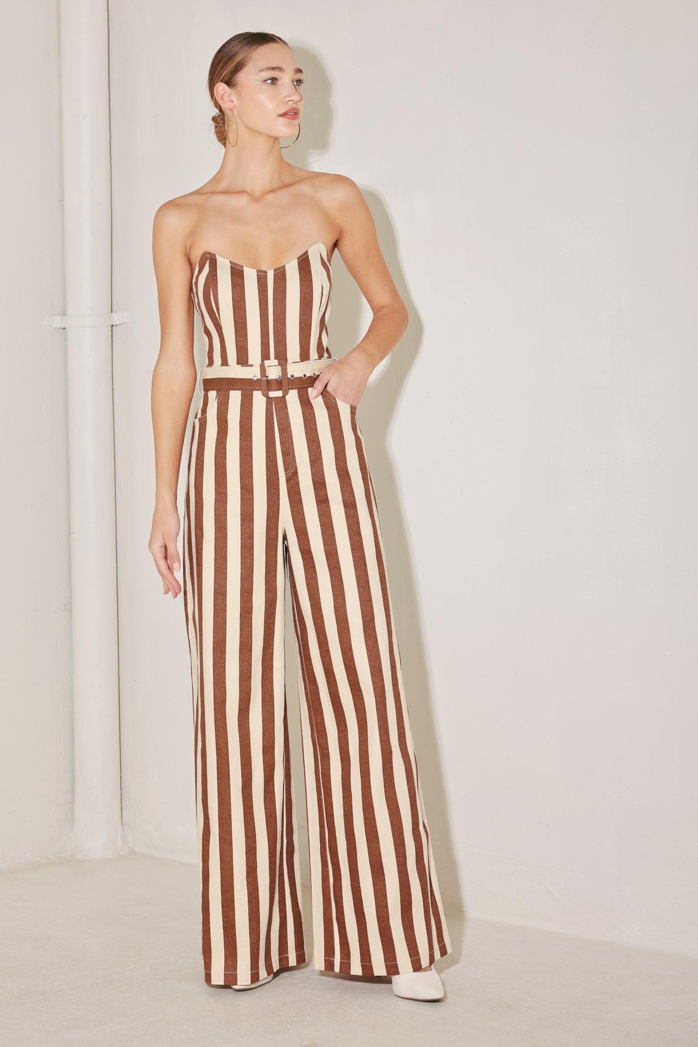 Golden Stripe Era Woven Jumpsuit in brick multi, view 1 — Soul Flow Apparel