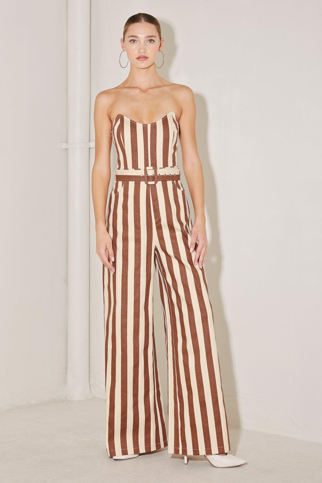 Golden Stripe Era Woven Jumpsuit in brick multi, view 3 — Soul Flow Apparel