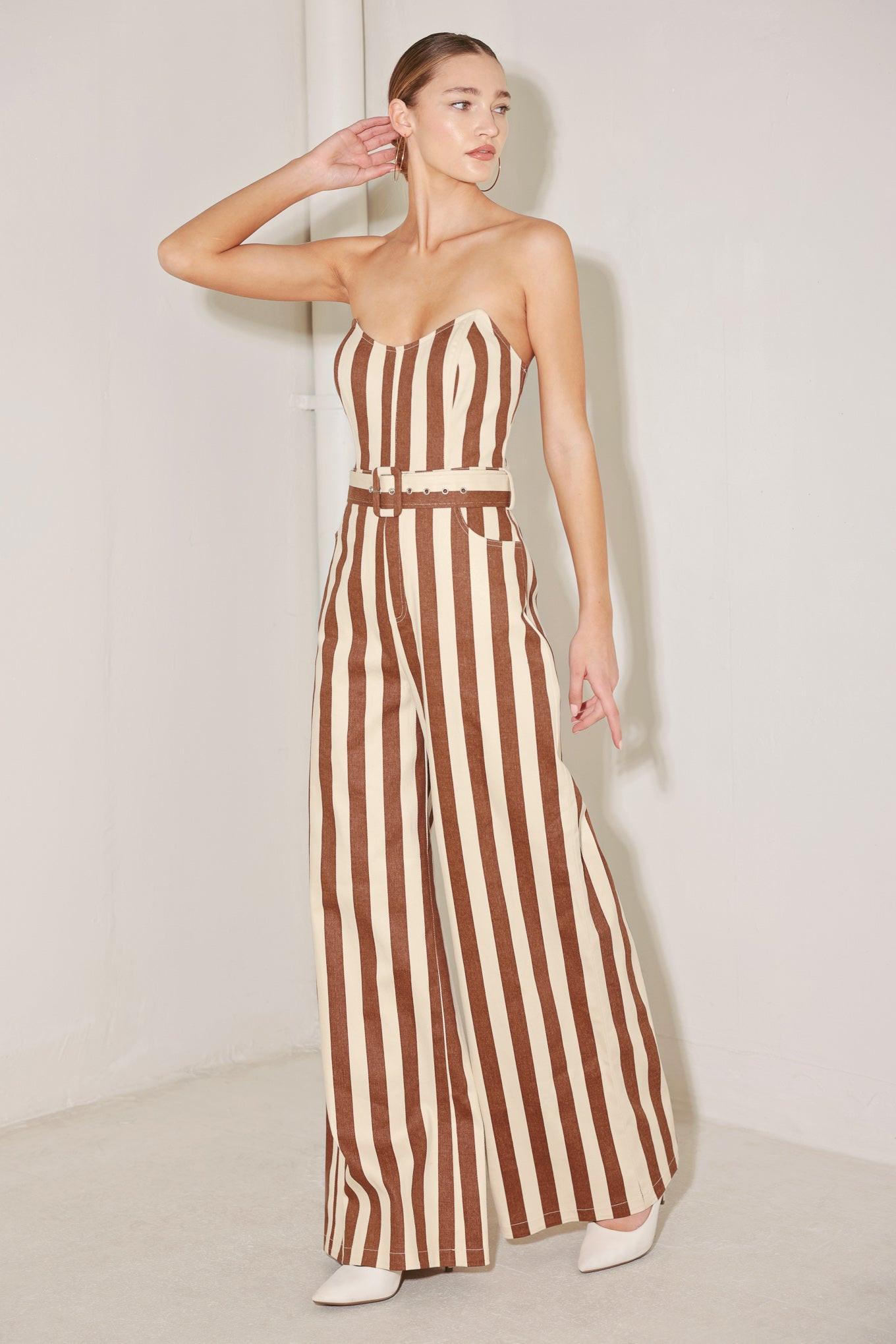 Golden Stripe Era Woven Jumpsuit in brick multi, view 5 — Soul Flow Apparel