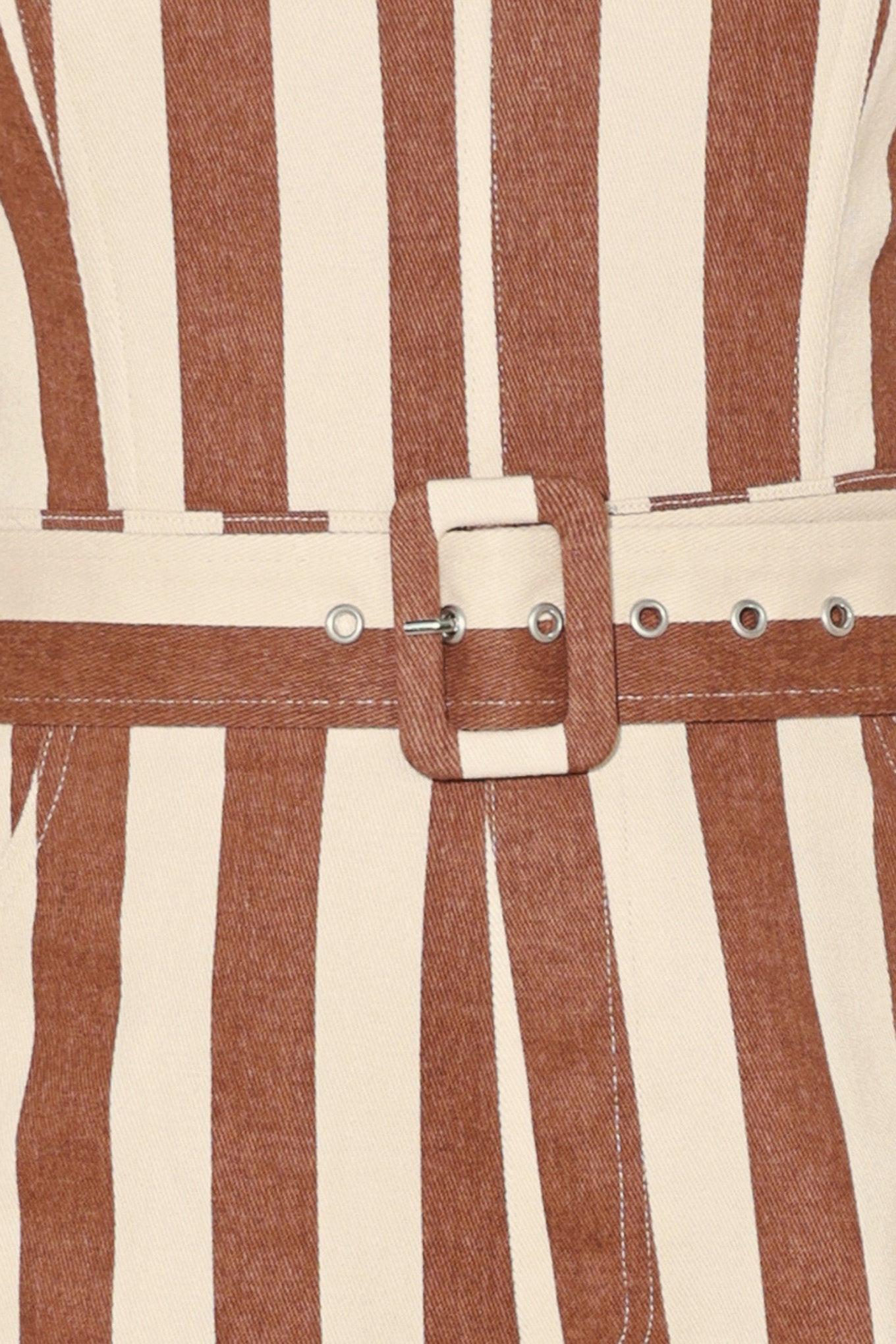 Golden Stripe Era Woven Jumpsuit in brick multi, fabric swatch — Soul Flow Apparel