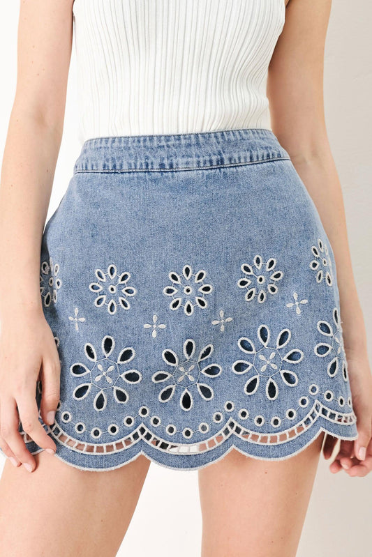 Floral Love Denim Skort in light denim, view 1 — Soul Flow Apparel