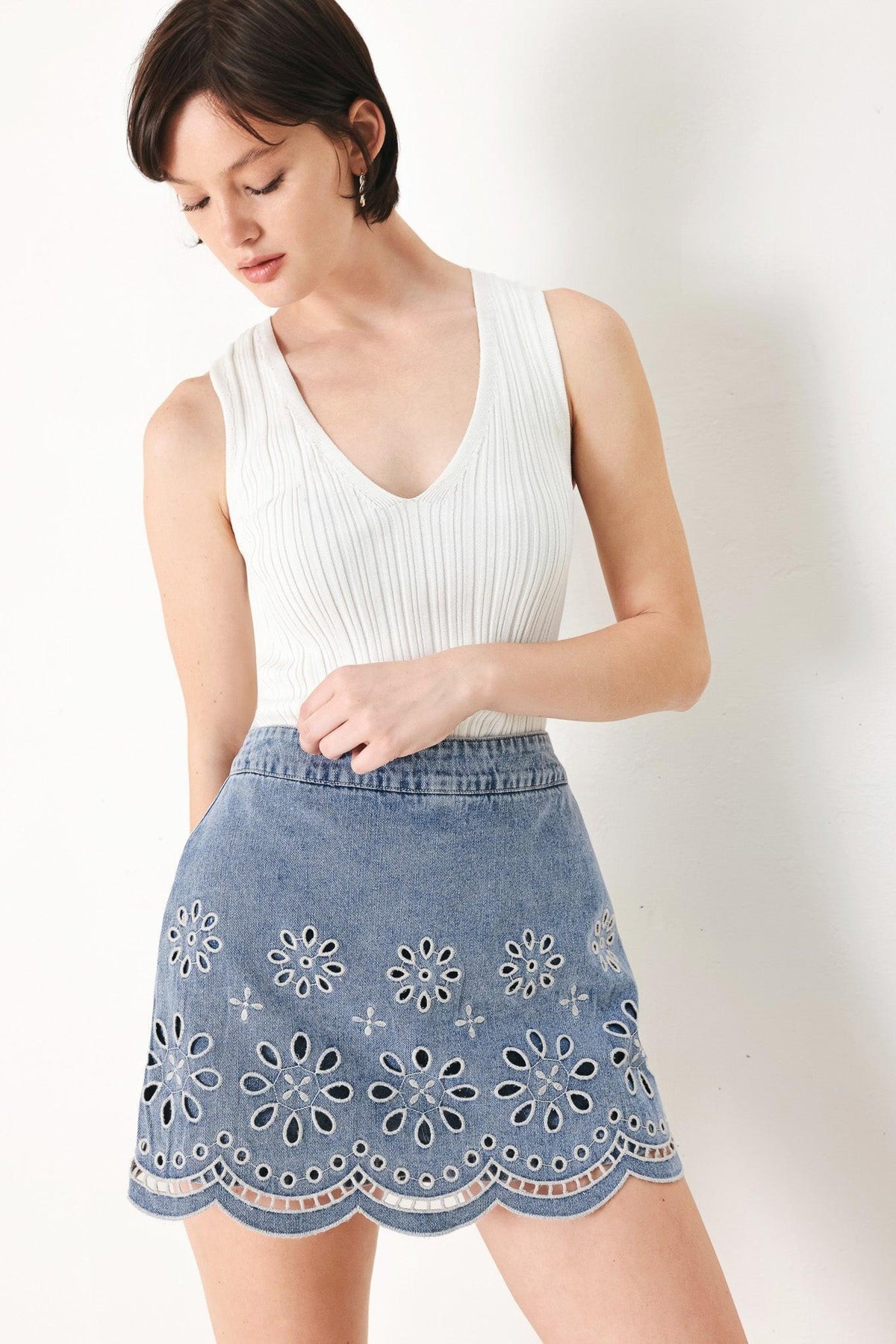 Floral Love Denim Skort in light denim, view 2 — Soul Flow Apparel