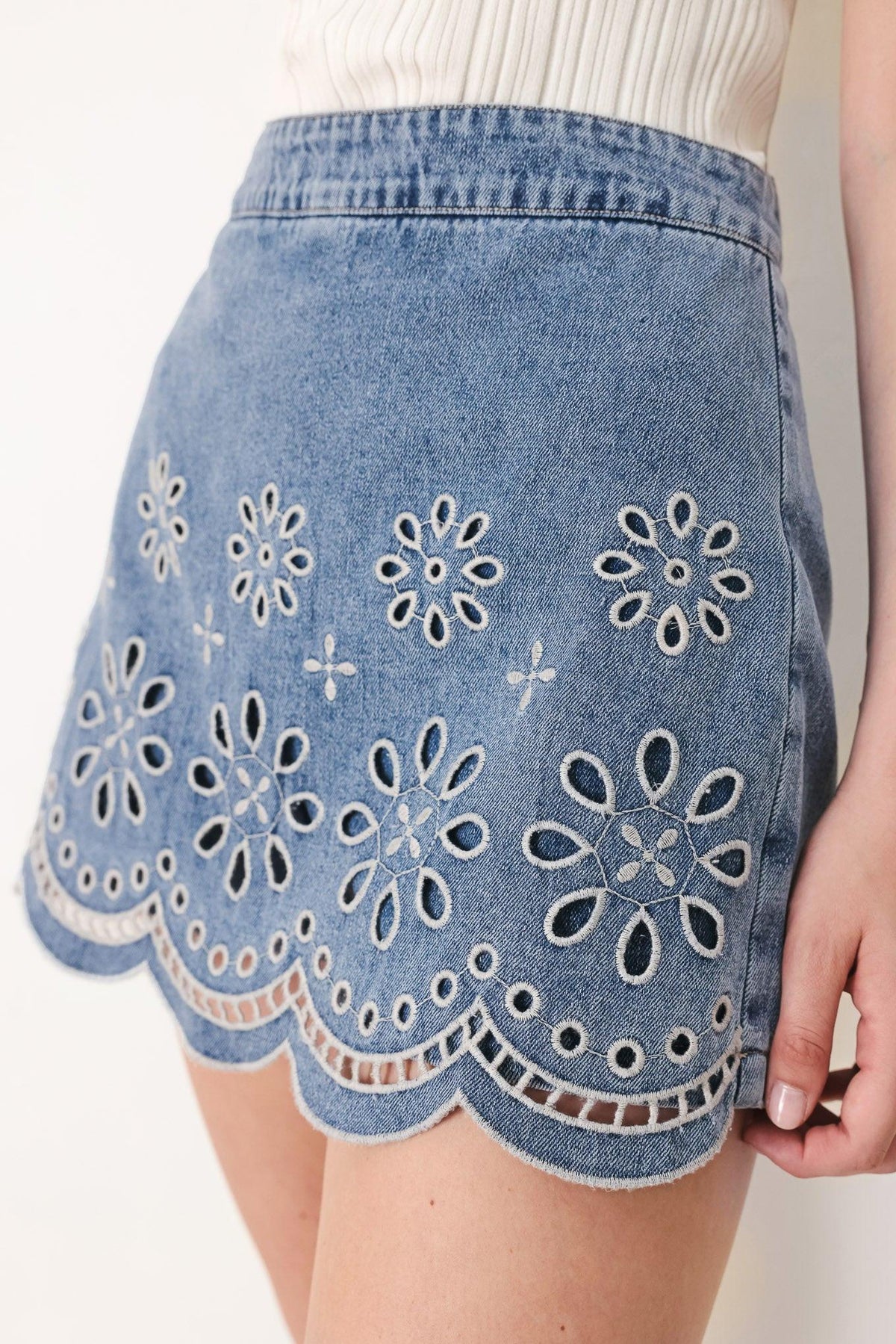 Floral Love Denim Skort in light denim, view 3 — Soul Flow Apparel