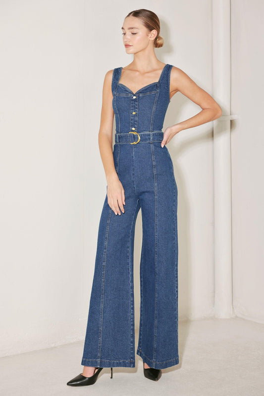 Westside Glam Denim Jumpsuit in blue, view 2 — Soul Flow Apparel