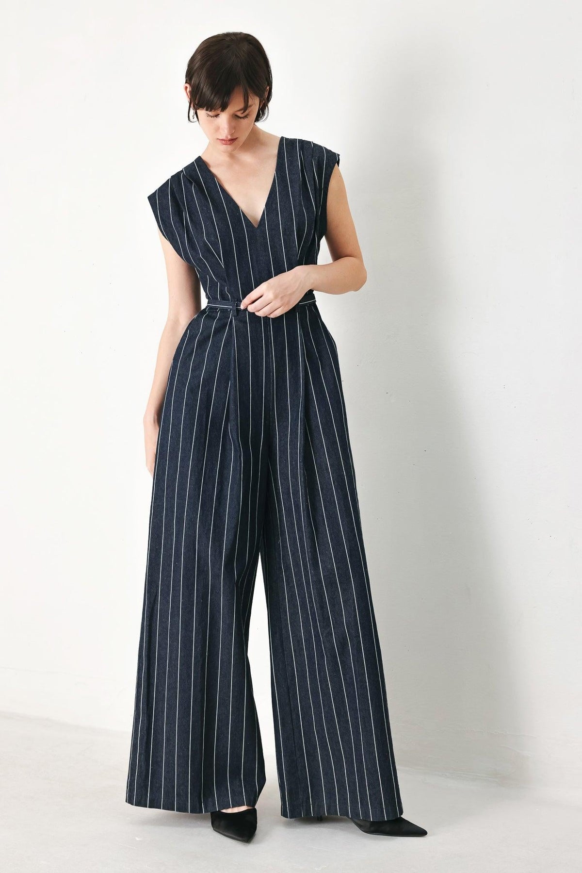 Soft Line Romance Woven Jumpsuit in dark denim, view 2 — Soul Flow Apparel
