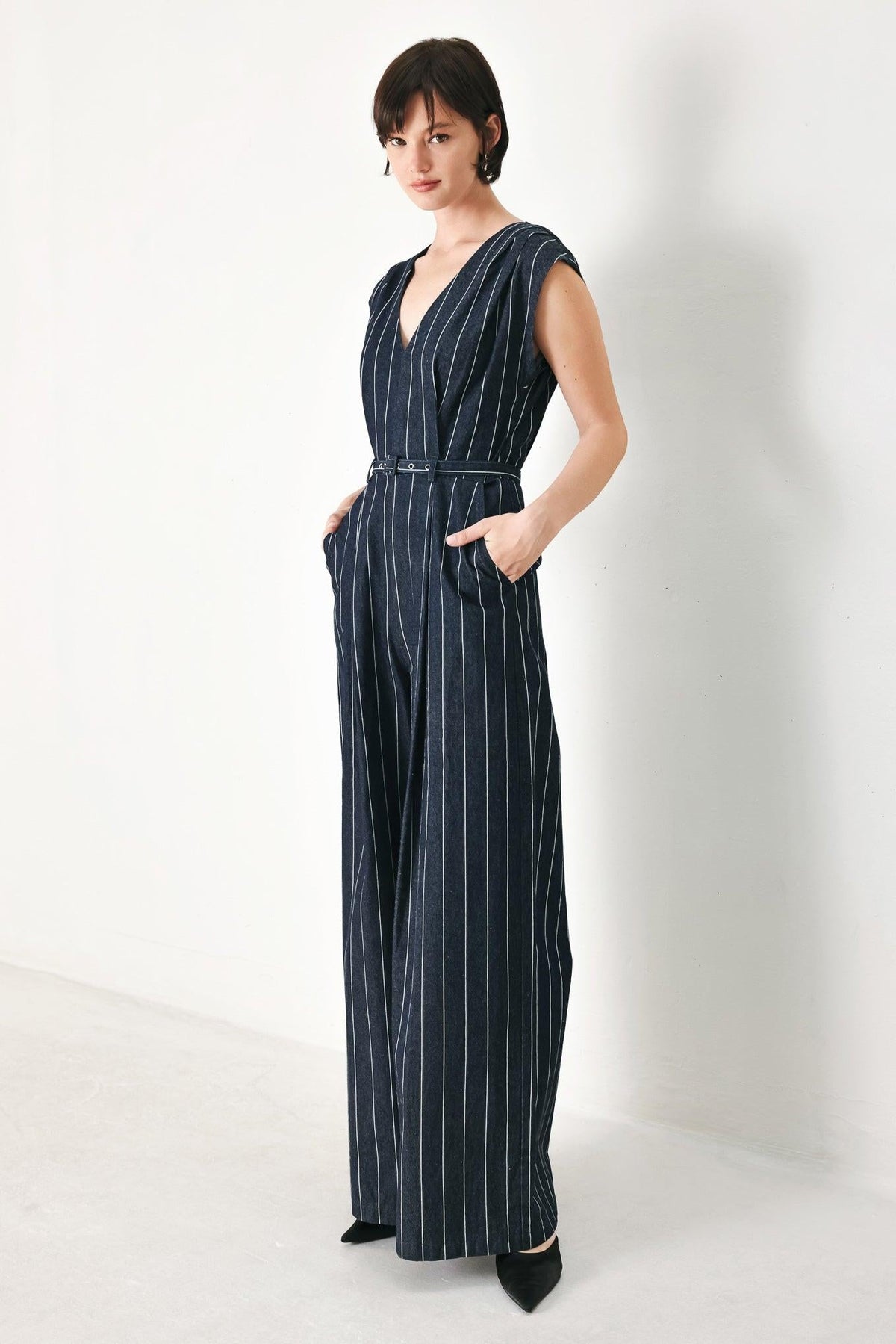 Soft Line Romance Woven Jumpsuit in dark denim, view 3 — Soul Flow Apparel