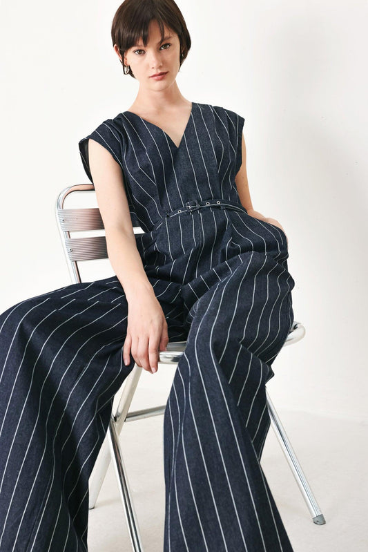 Soft Line Romance Woven Jumpsuit in dark denim, view 4 — Soul Flow Apparel