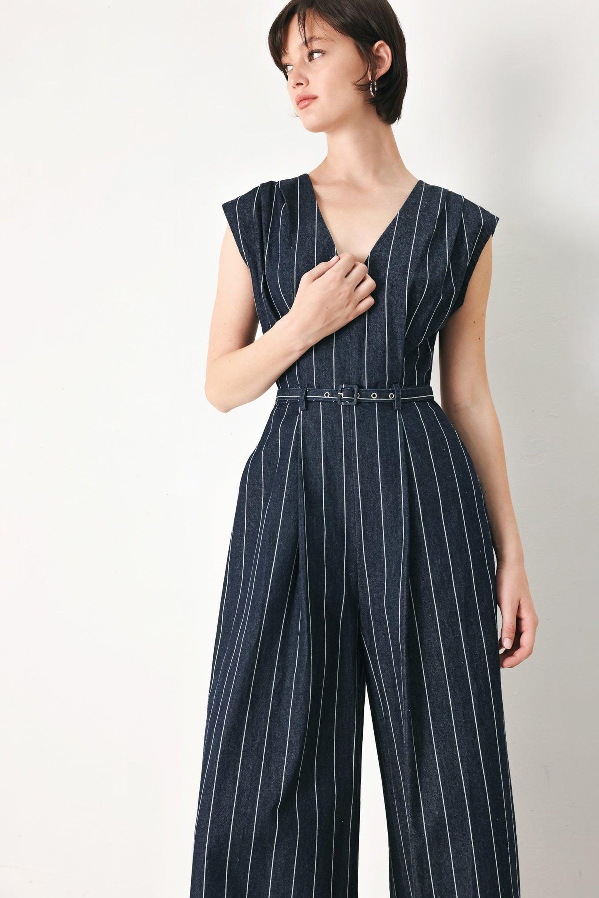 Soft Line Romance Woven Jumpsuit in dark denim, view 5 — Soul Flow Apparel