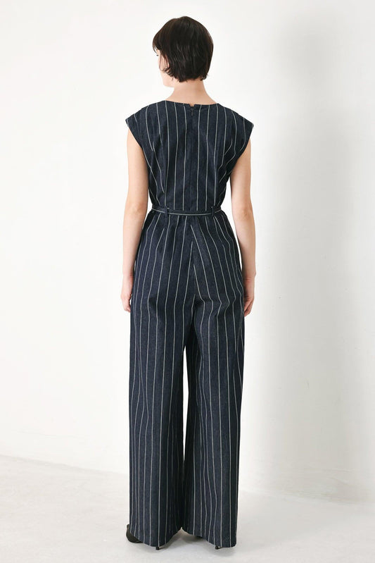 Soft Line Romance Woven Jumpsuit in dark denim, view 6 — Soul Flow Apparel