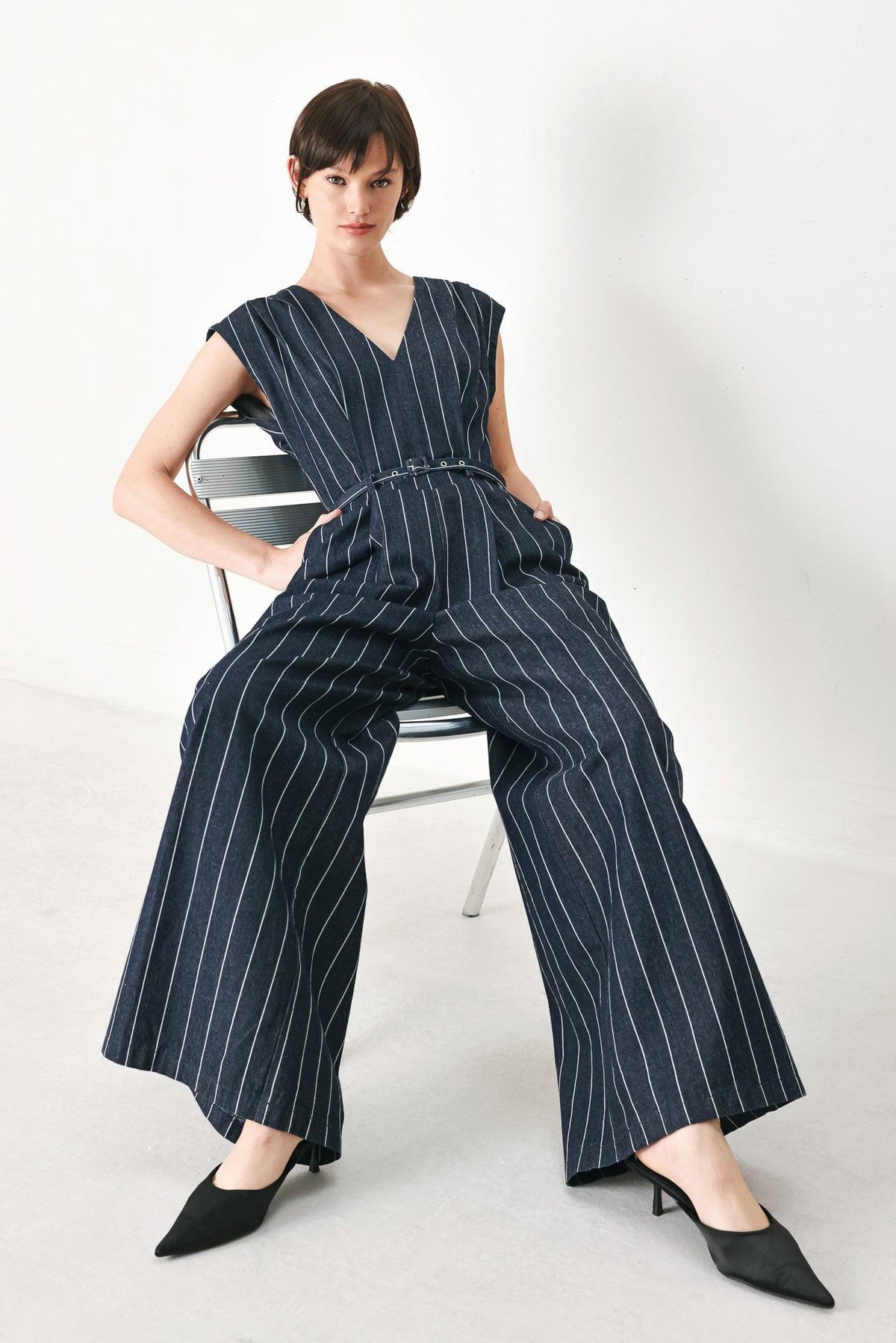 Soft Line Romance Woven Jumpsuit in dark denim, view 7 — Soul Flow Apparel