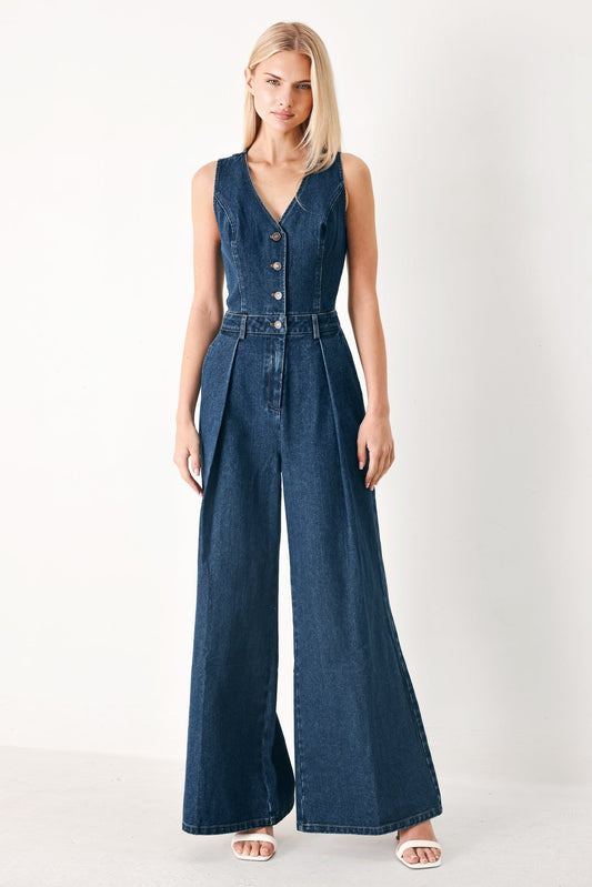 Runway Hit Line Denim Jumpsuit in indigo denim, view 1 — Soul Flow Apparel