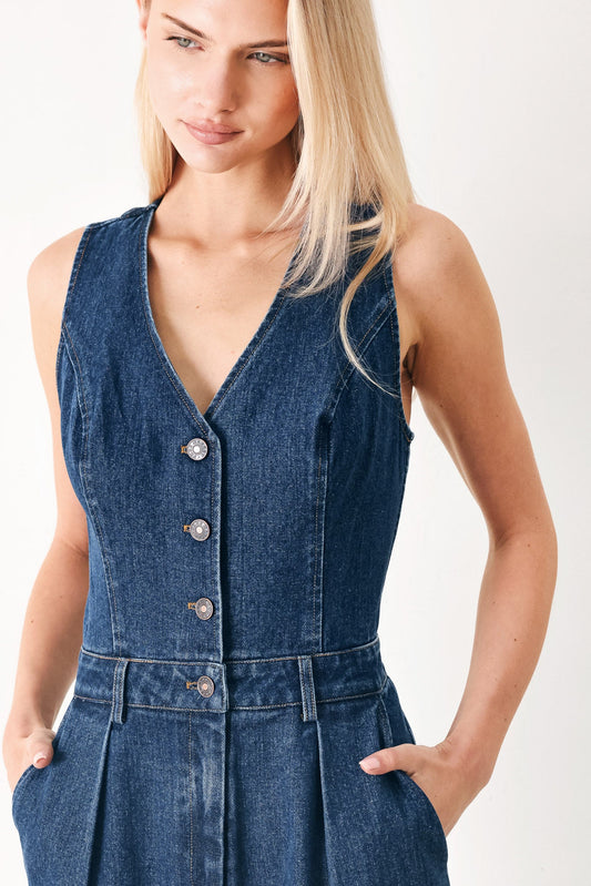 Runway Hit Line Denim Jumpsuit in indigo denim, view 4 — Soul Flow Apparel
