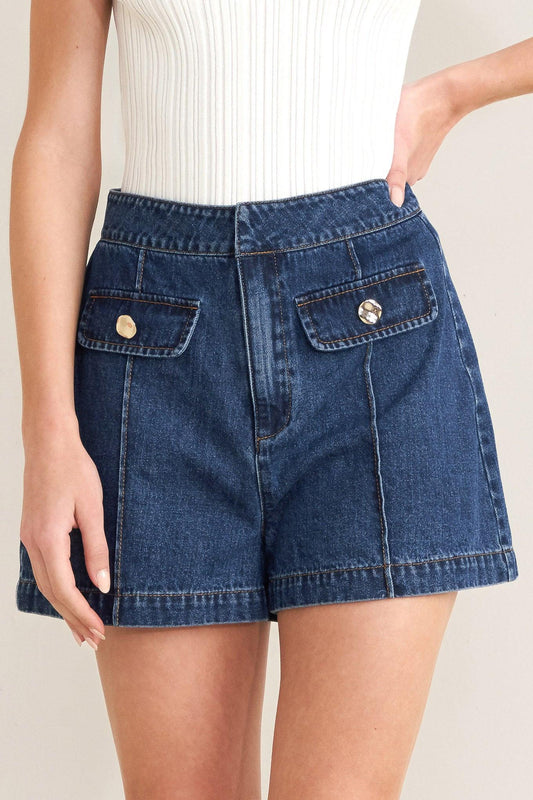 Forever Stylish Denim Shorts in indigo denim, view 1 — Soul Flow Apparel