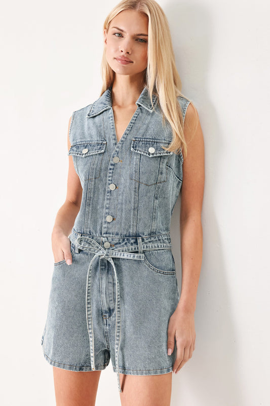 Weekend Blue Look Denim Romper in light indigo, view 3 — Soul Flow Apparel