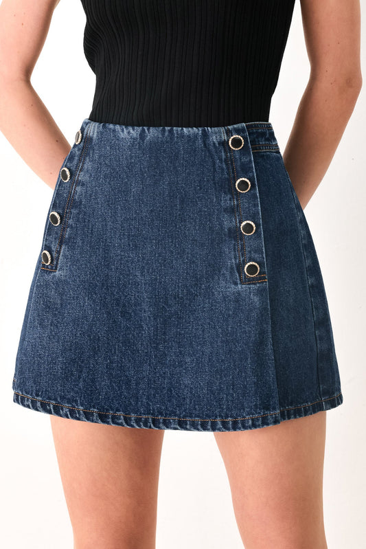 Run The City Denim Skort in indigo, view 1 — Soul Flow Apparel