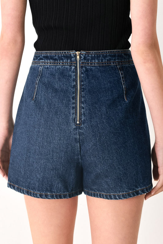 Run The City Denim Skort in indigo, view 2 — Soul Flow Apparel