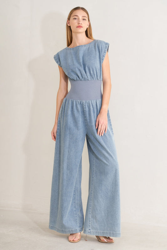 Running In Denim Jumpsuit in light denim, view 2 — Soul Flow Apparel