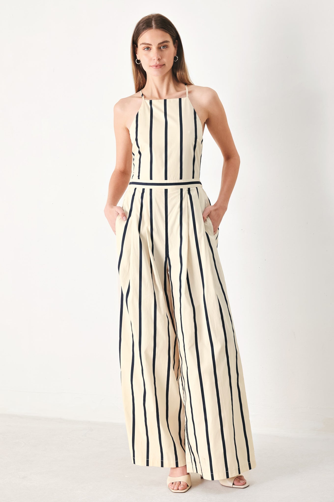 Monaco Stripe Woven Jumpsuit in cream navy, view 1 — Soul Flow Apparel