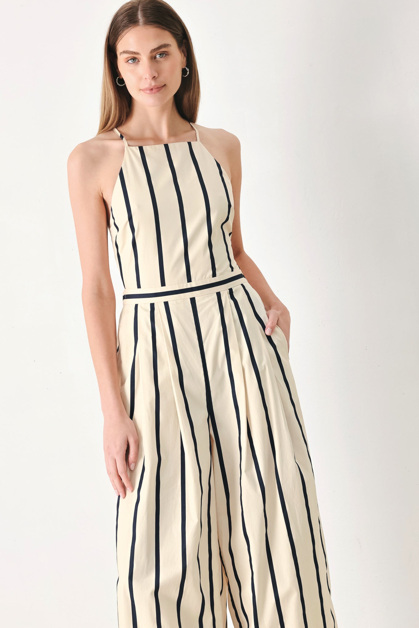Monaco Stripe Woven Jumpsuit in cream navy, view 2 — Soul Flow Apparel