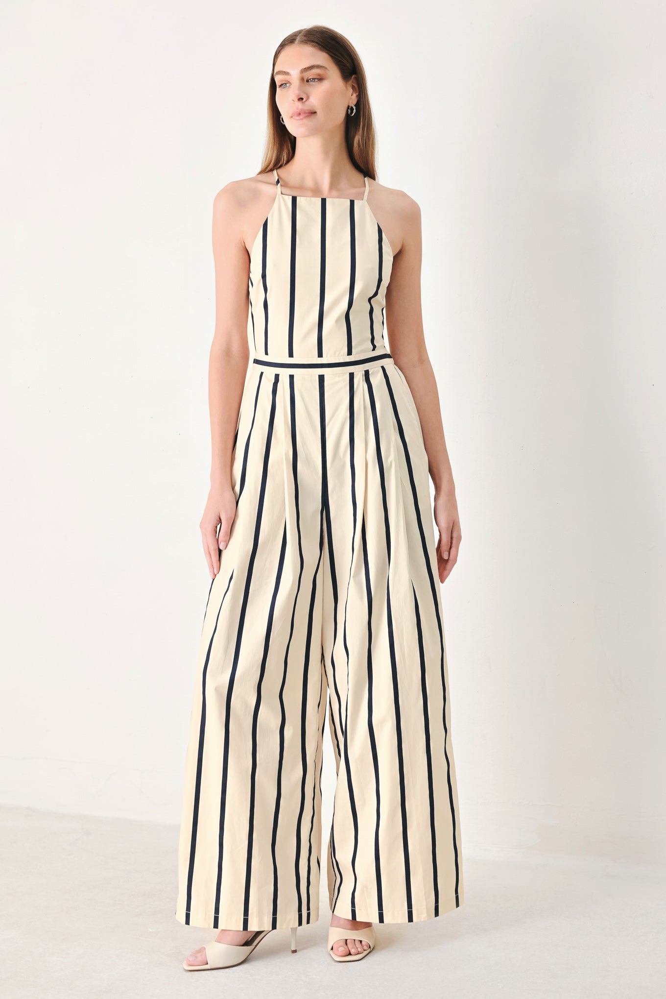 Monaco Stripe Woven Jumpsuit in cream navy, view 3 — Soul Flow Apparel
