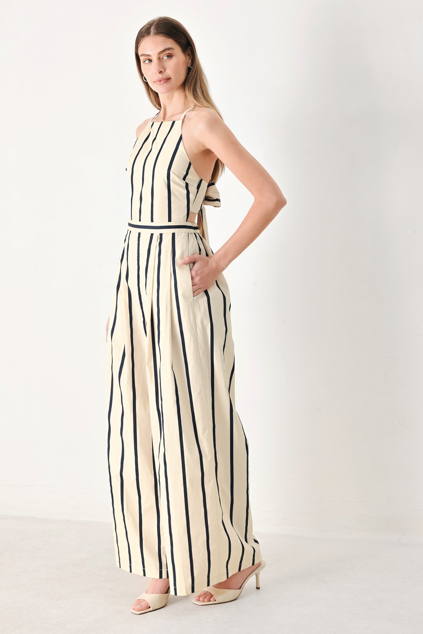 Monaco Stripe Woven Jumpsuit in cream navy, view 5 — Soul Flow Apparel