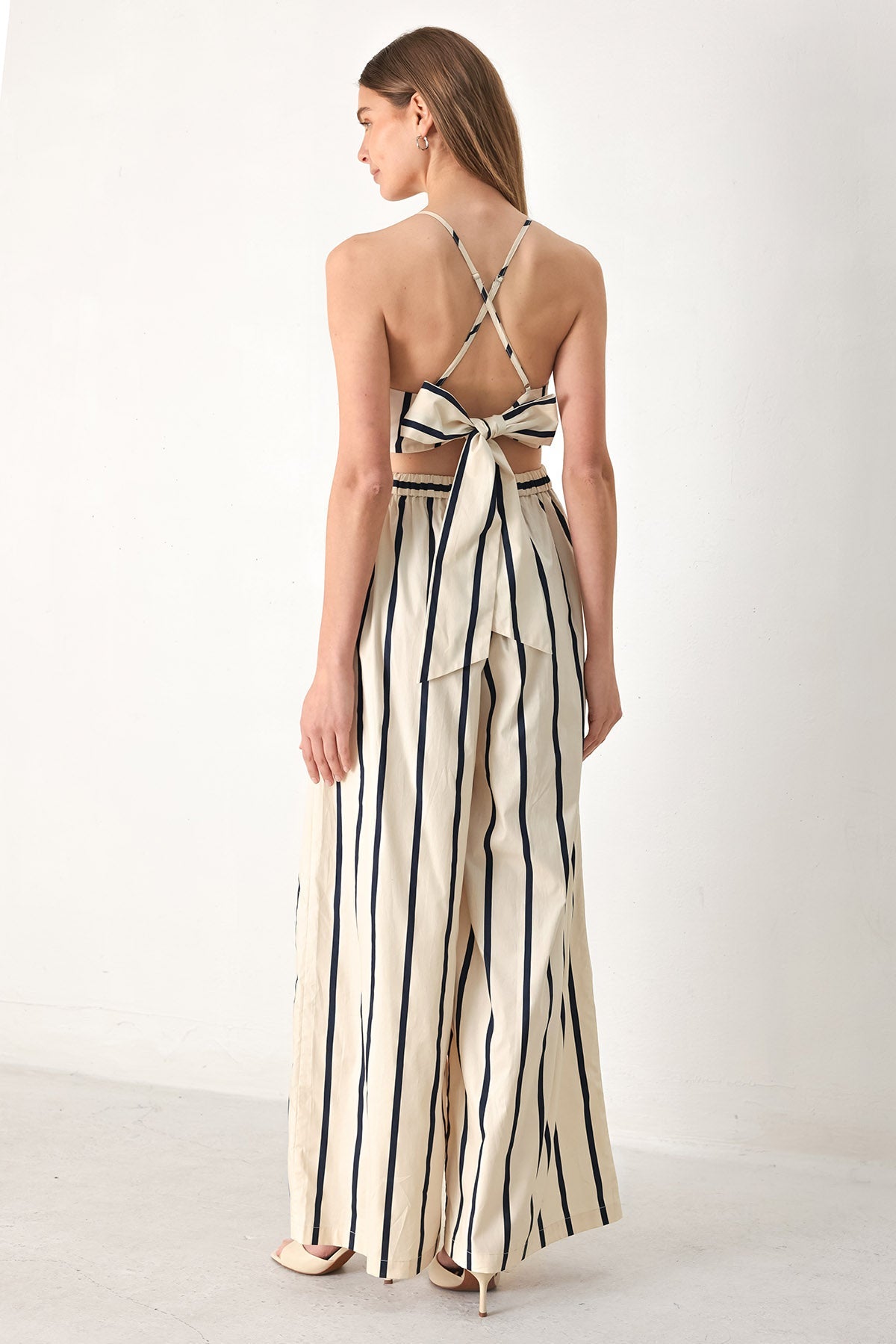 Monaco Stripe Woven Jumpsuit in cream navy, view 6 — Soul Flow Apparel