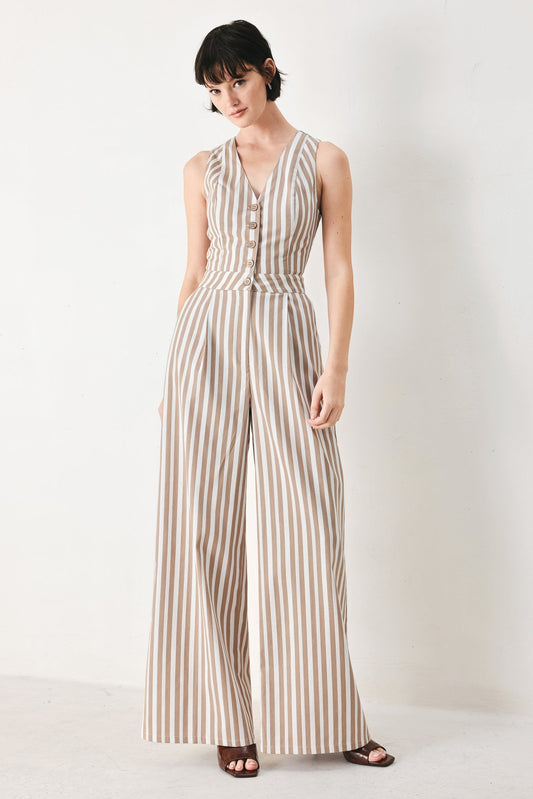 Natural Rhythm Woven Jumpsuit in taupe white, view 1 — Soul Flow Apparel