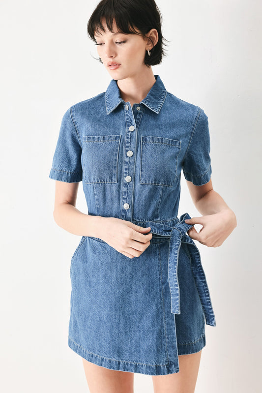 Daily Romance Denim Skort Romper in medium denim, view 2 — Soul Flow Apparel