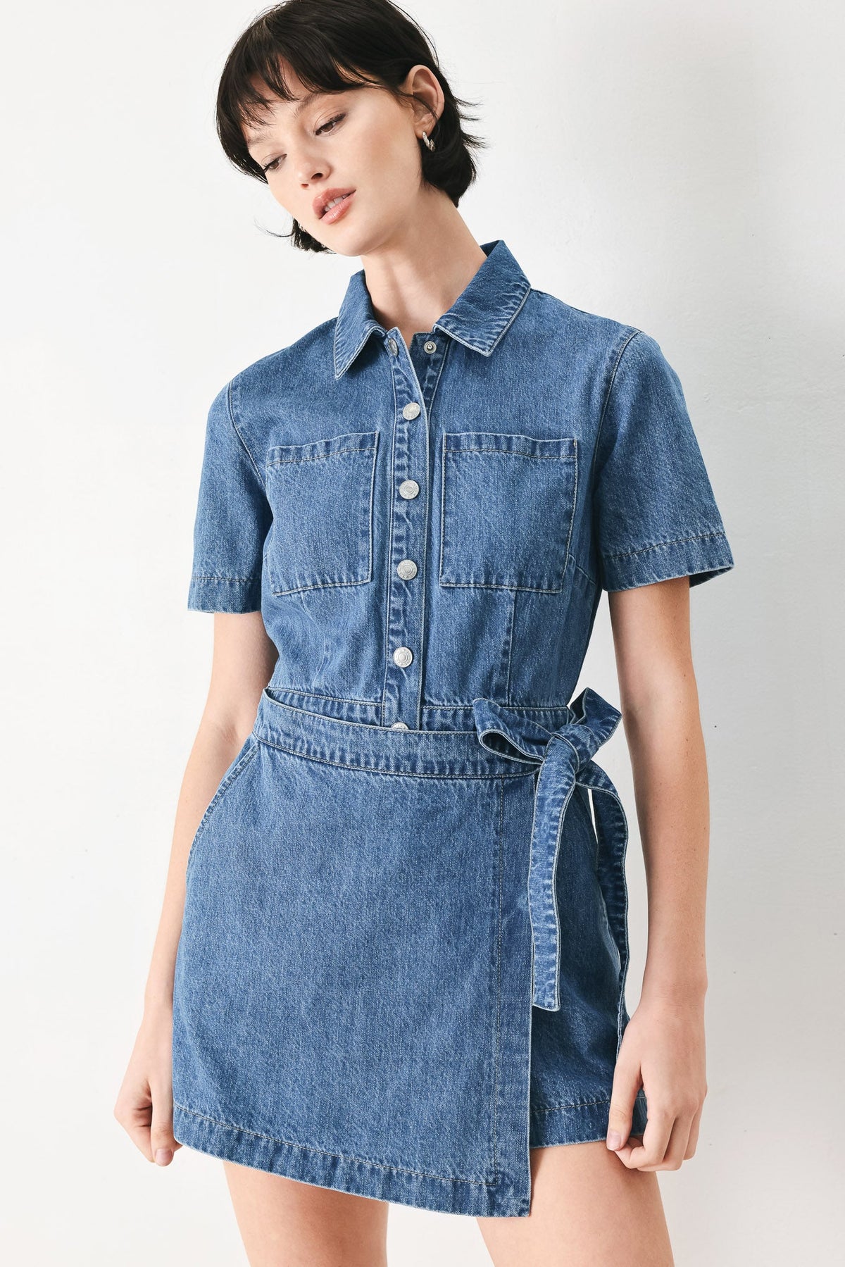 Daily Romance Denim Skort Romper in medium denim, view 3 — Soul Flow Apparel