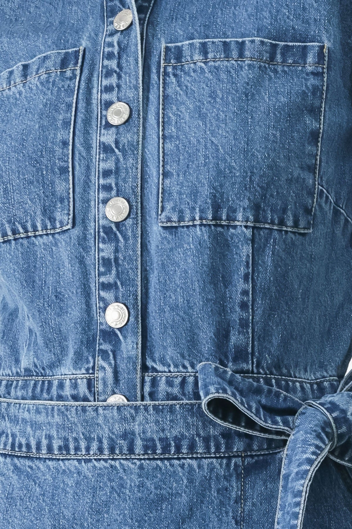 Daily Romance Denim Skort Romper in medium denim, fabric swatch — Soul Flow Apparel