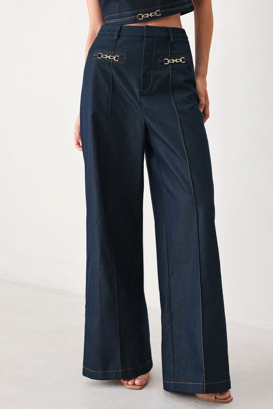 Yacht Club Woven Wide Leg Pants in indigo, view 1 — Soul Flow Apparel
