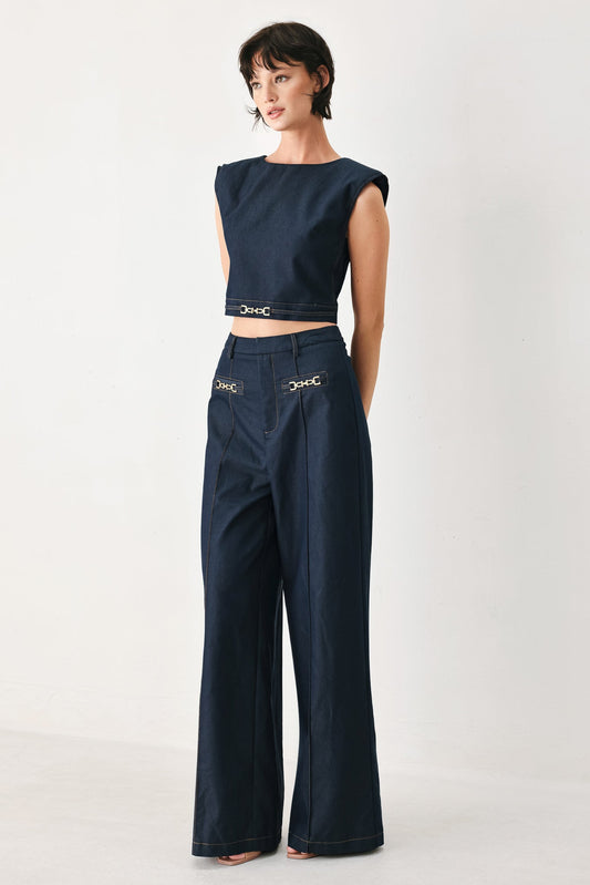 Yacht Club Woven Wide Leg Pants in indigo, view 5 — Soul Flow Apparel
