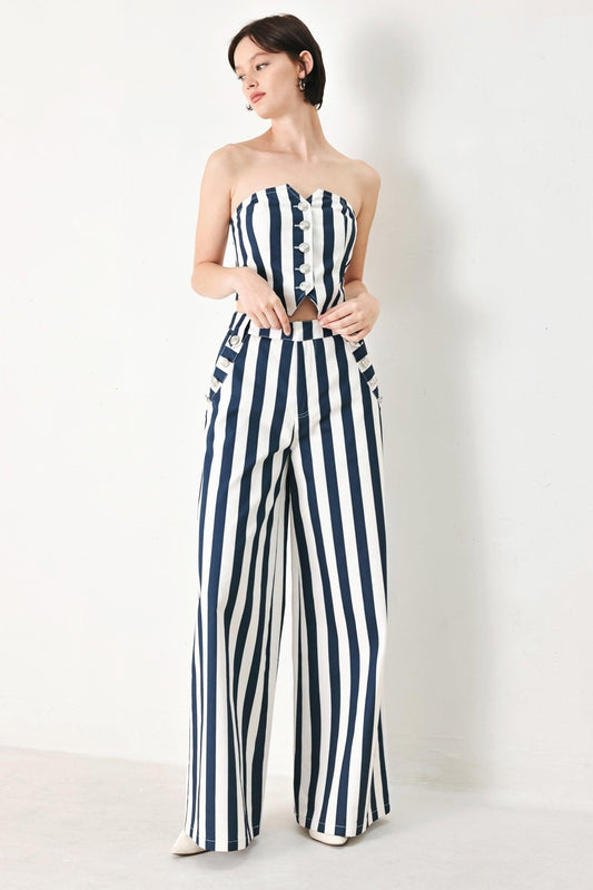 Navy Blossom Woven Pants in navy ivory, view 1 — Soul Flow Apparel