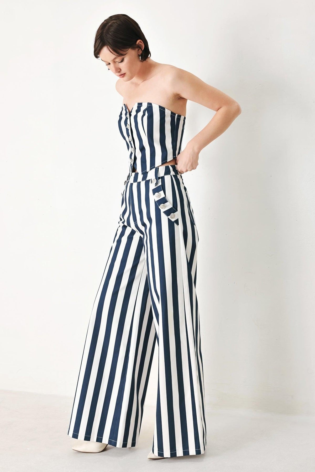 Navy Blossom Woven Pants in navy ivory, view 4 — Soul Flow Apparel