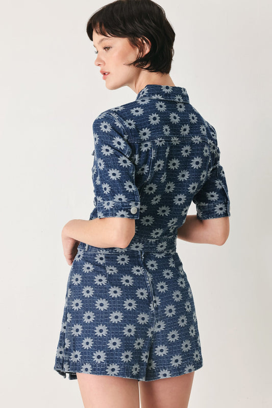 Sweet Daisy Woven Jacquard Denim Skort in indigo, view 5 — Soul Flow Apparel