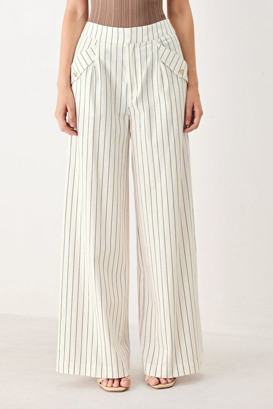 Sutton Stripe Woven Pants in off-white navy, view 1 — Soul Flow Apparel