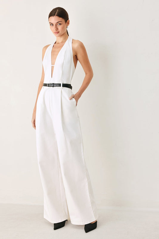 Pretty Moment Halter Woven Jumpsuit in white, view 1 — Soul Flow Apparel