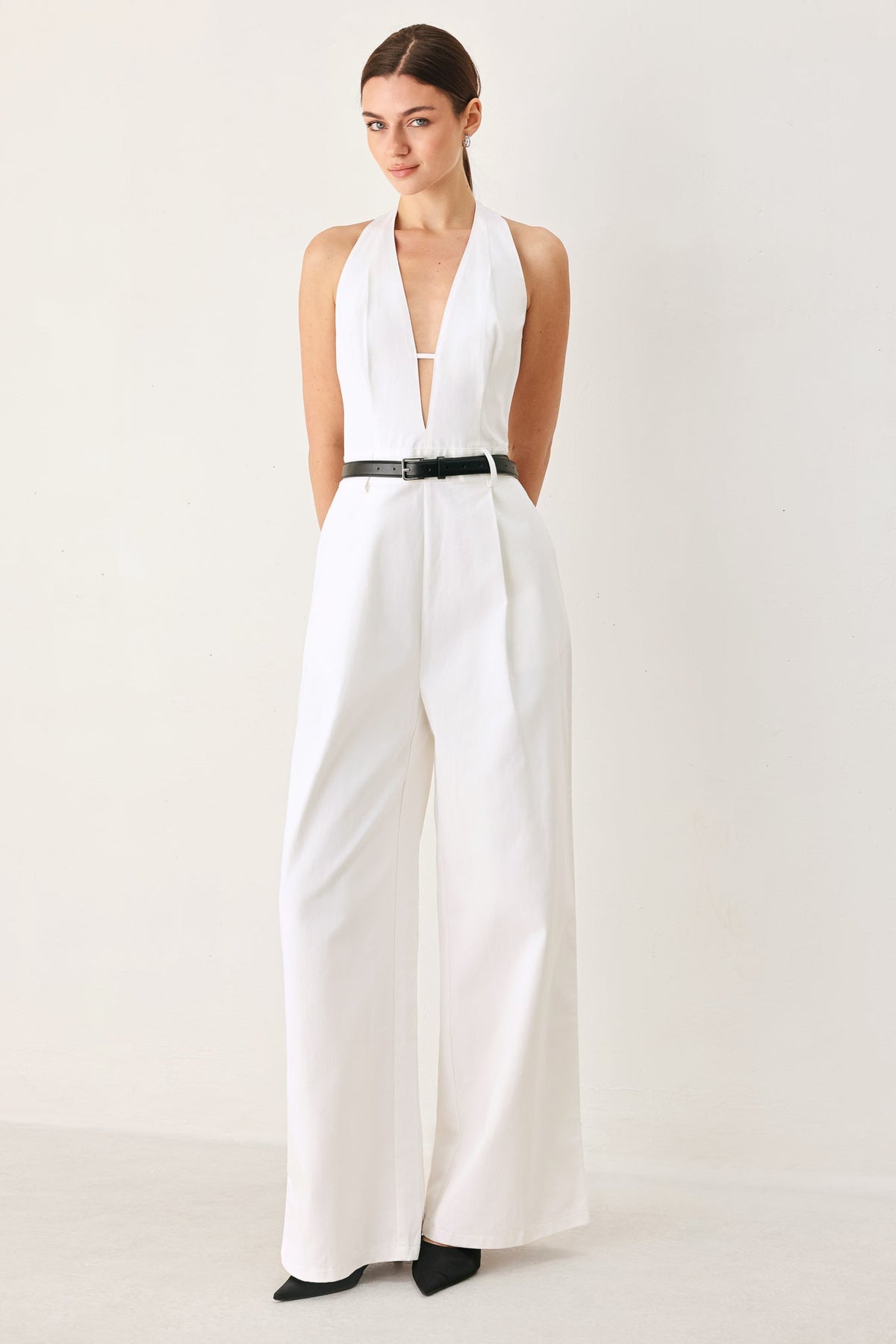Pretty Moment Halter Woven Jumpsuit in white, view 3 — Soul Flow Apparel