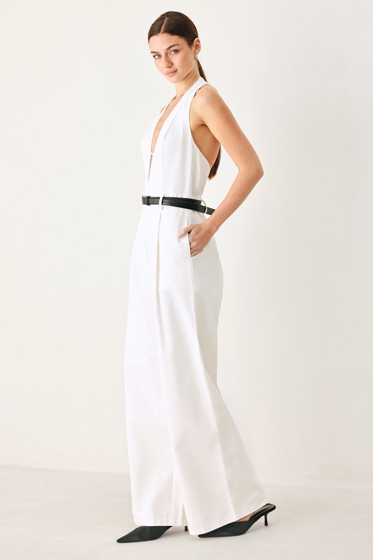 Pretty Moment Halter Woven Jumpsuit in white, view 5 — Soul Flow Apparel