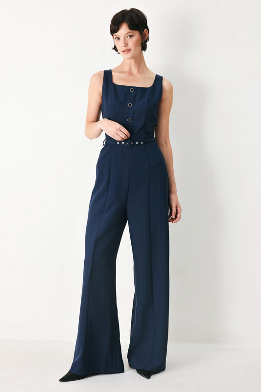 After Hours Elegance Woven Jumpsuit in navy, view 1 — Soul Flow Apparel