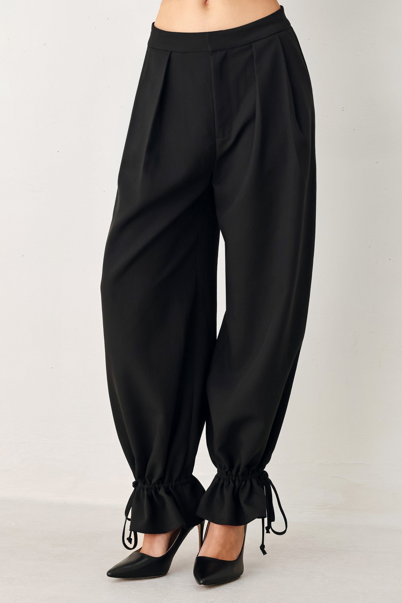 Noir Drawstring Woven Pants in black, view 1 — Soul Flow Apparel
