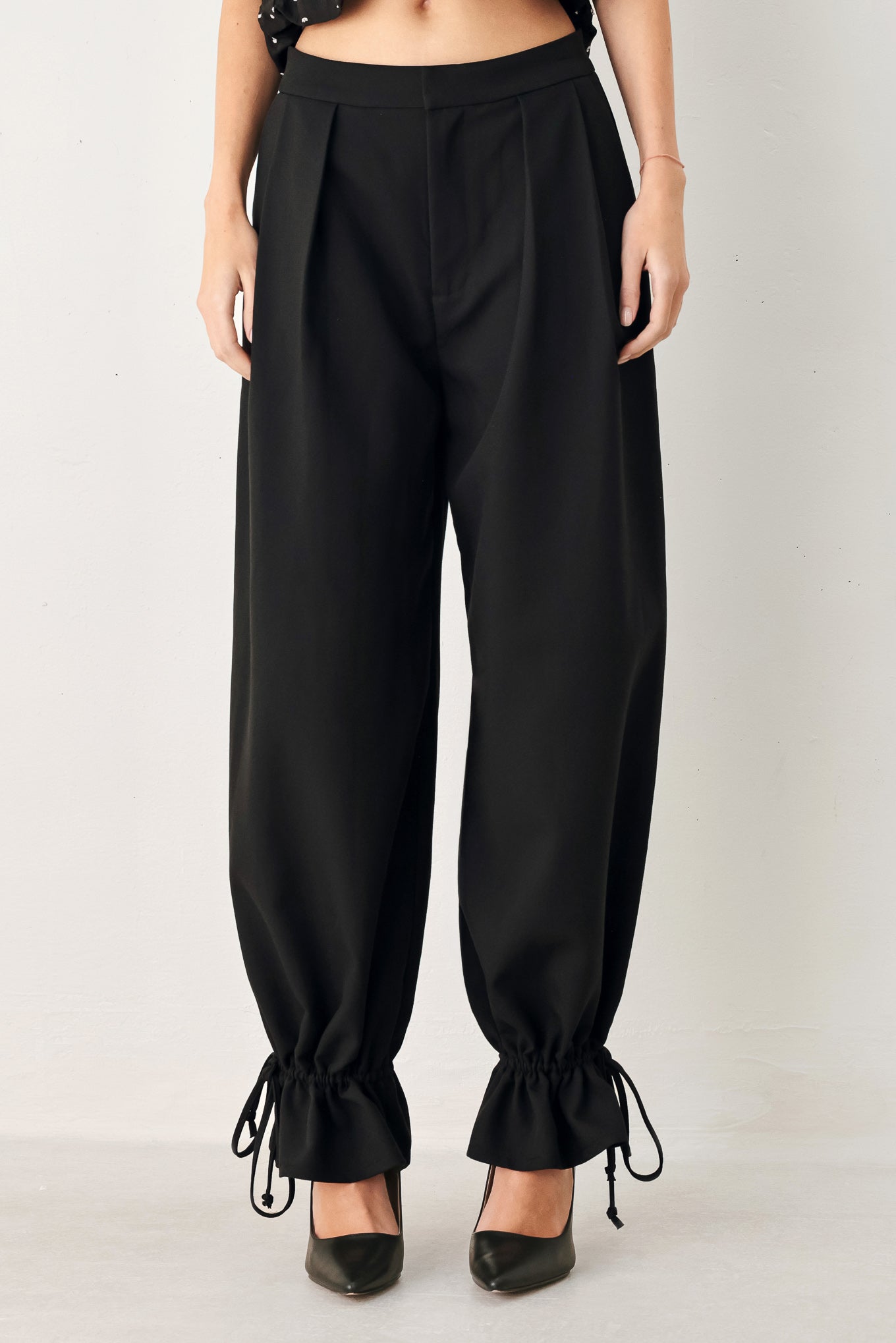 Noir Drawstring Woven Pants in black, view 2 — Soul Flow Apparel